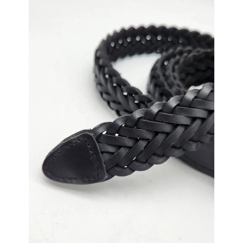 Toneka Men's Size 48 Woven Braided Black Leather Belt with Solid Brass Buckle